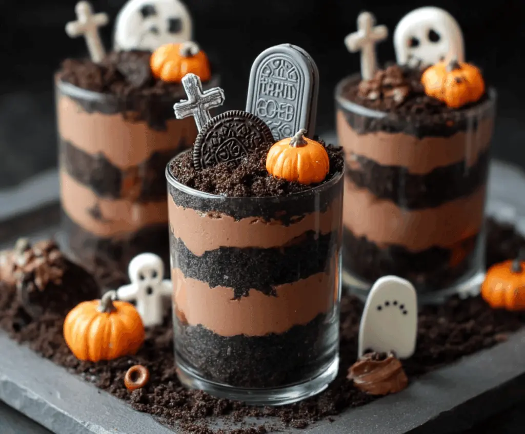 Decorative Halloween Graveyard Dirt Cups with gummy worms and cookie crumbles for a spooky treat display