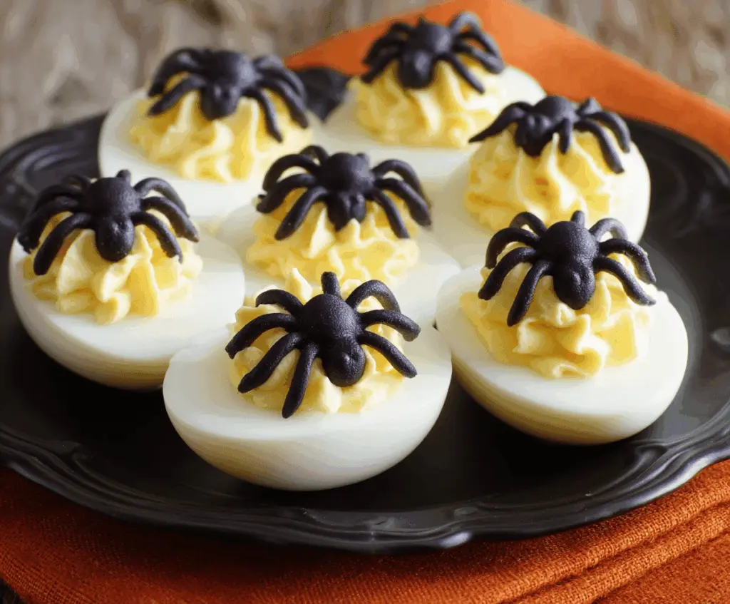 Halloween Spider Deviled Eggs on a spooky platter with olive spider decorations, perfect for a festive Halloween party appetizer.