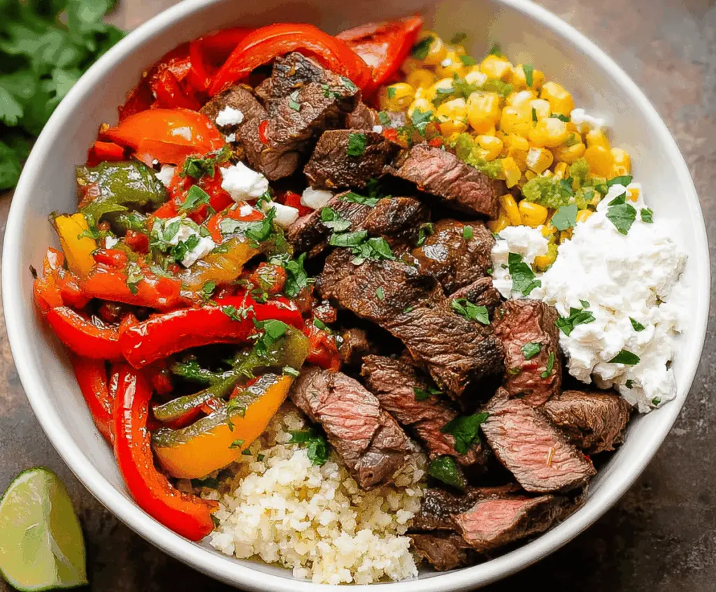 High protein steak fajita bowl with colorful vegetables and low-carb ingredients, perfect for a healthy, low-carb meal
