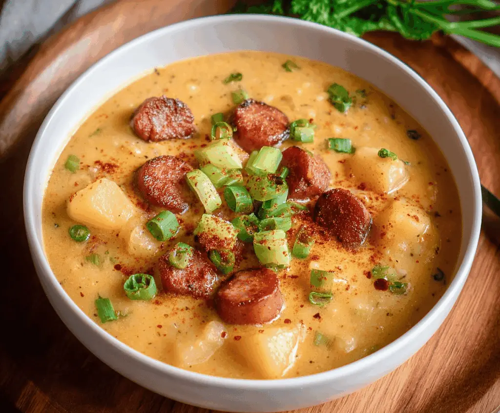 Creamy Cajun Potato Soup in a bowl topped with green onions, served in a white bowl on a wooden table, highlighting its hearty and flavorful ingredients.