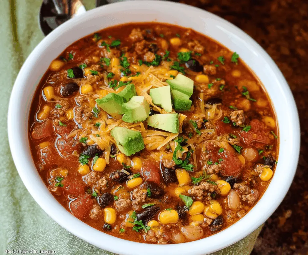 Delicious Instant Pot Loaded Taco Soup in a bowl topped with shredded cheese, sour cream, and fresh cilantro
