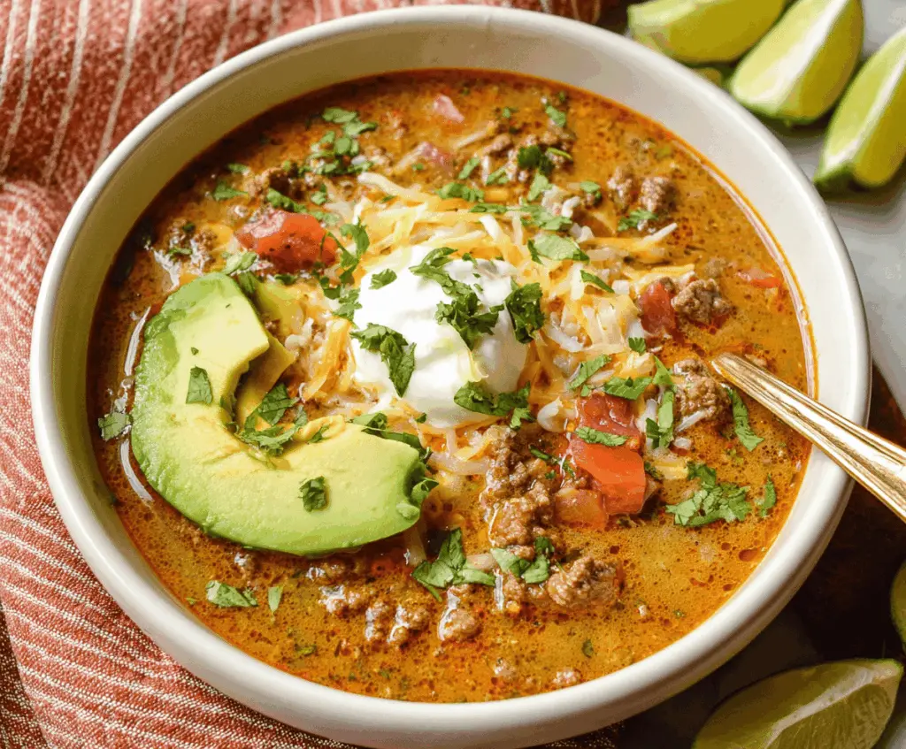 Delicious keto taco soup in a bowl with ground beef, avocado, shredded cheese, and fresh herbs, perfect for low-carb meal.