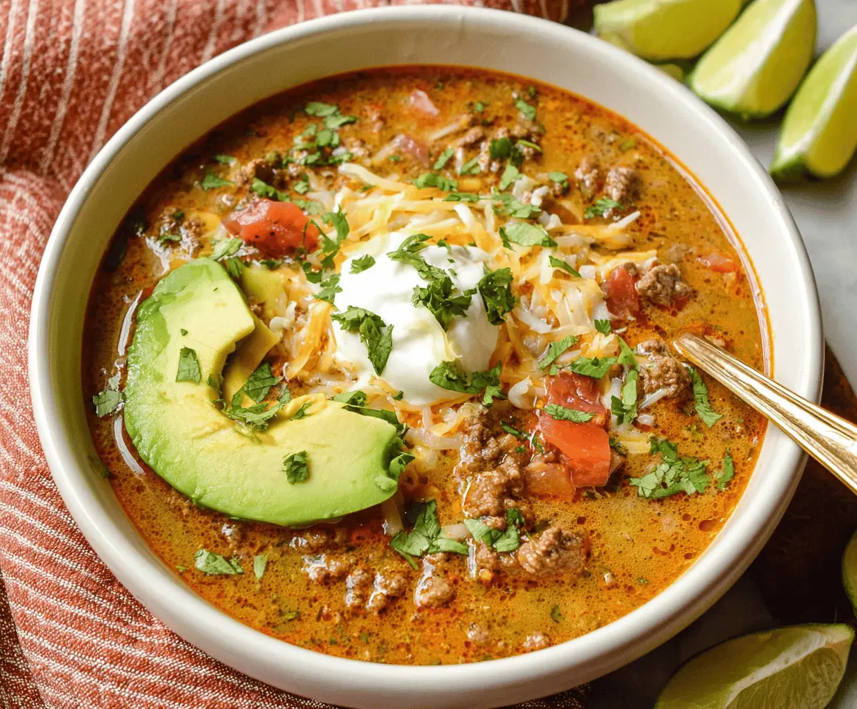 Bowl of creamy keto taco soup topped with cheese and cilantro