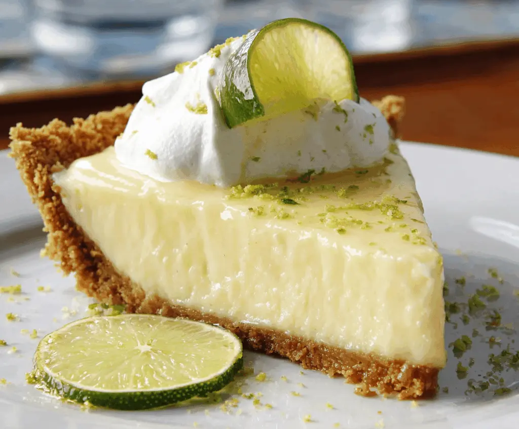 Creamy key lime pie with a graham cracker crust and fluffy whipped topping, perfect for dessert lovers.