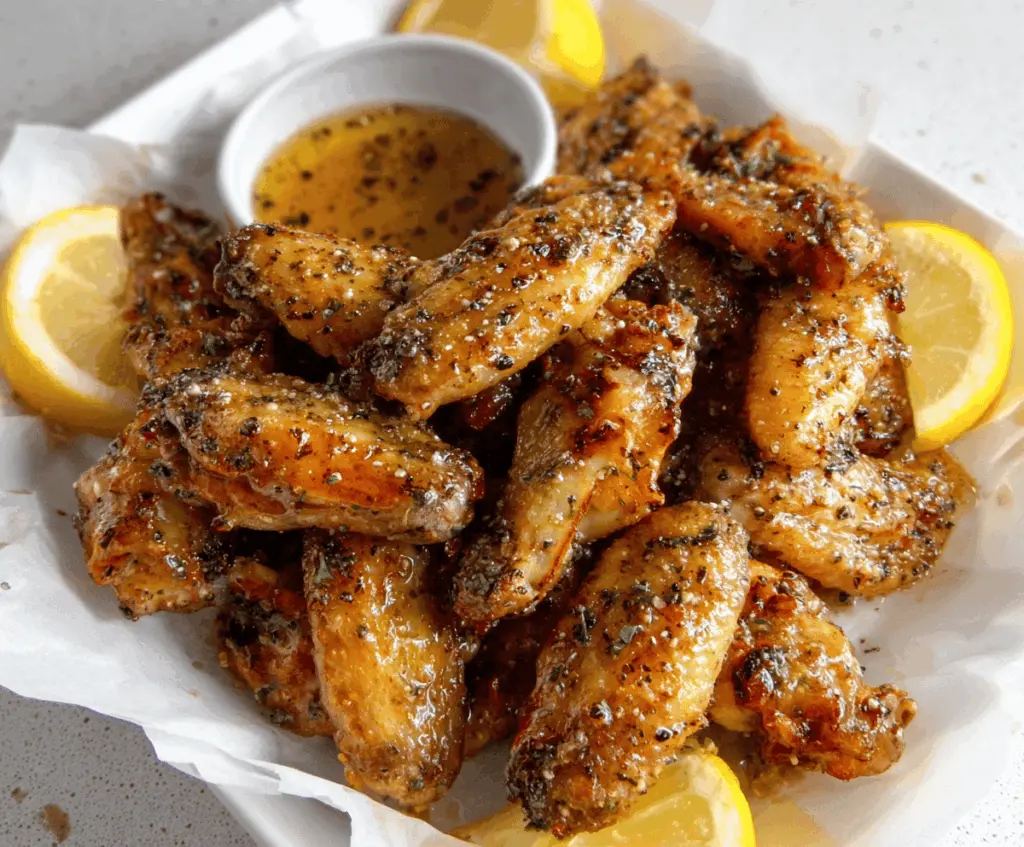 Juicy lemon pepper wings drizzled with honey on a plate, garnished with fresh herbs, perfect for a flavorful appetizer or snack.