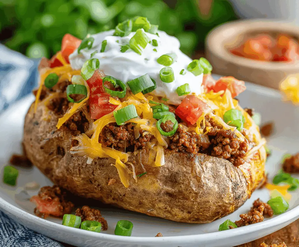 Creamy baked potatoes topped with seasoned ground beef, shredded cheese, sour cream, and fresh toppings for loaded beef taco stuffed potatoes.