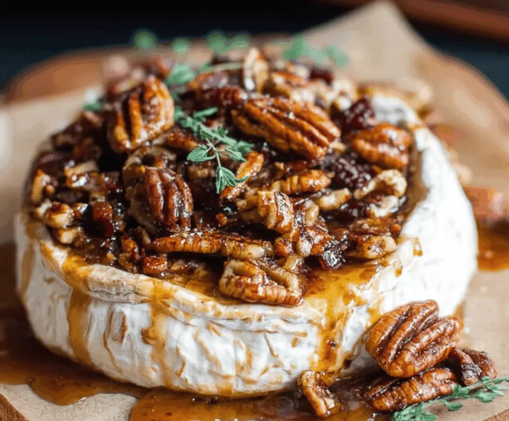 Creamy baked Brie topped with toasted pecans and maple syrup, garnished with fresh herbs, served as a delicious appetizer.