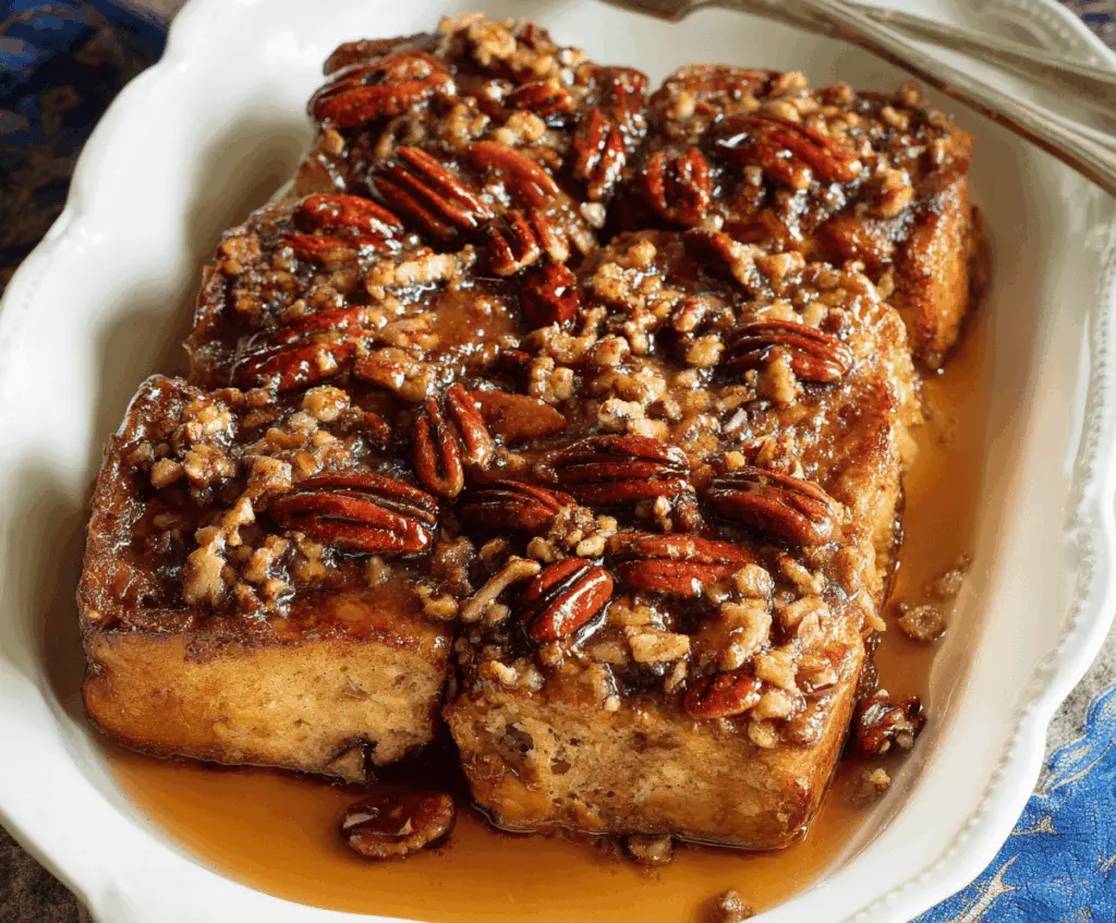 Delicious Maple Pecan French Toast Bake topped with toasted pecans and drizzled with maple syrup, served hot for breakfast.