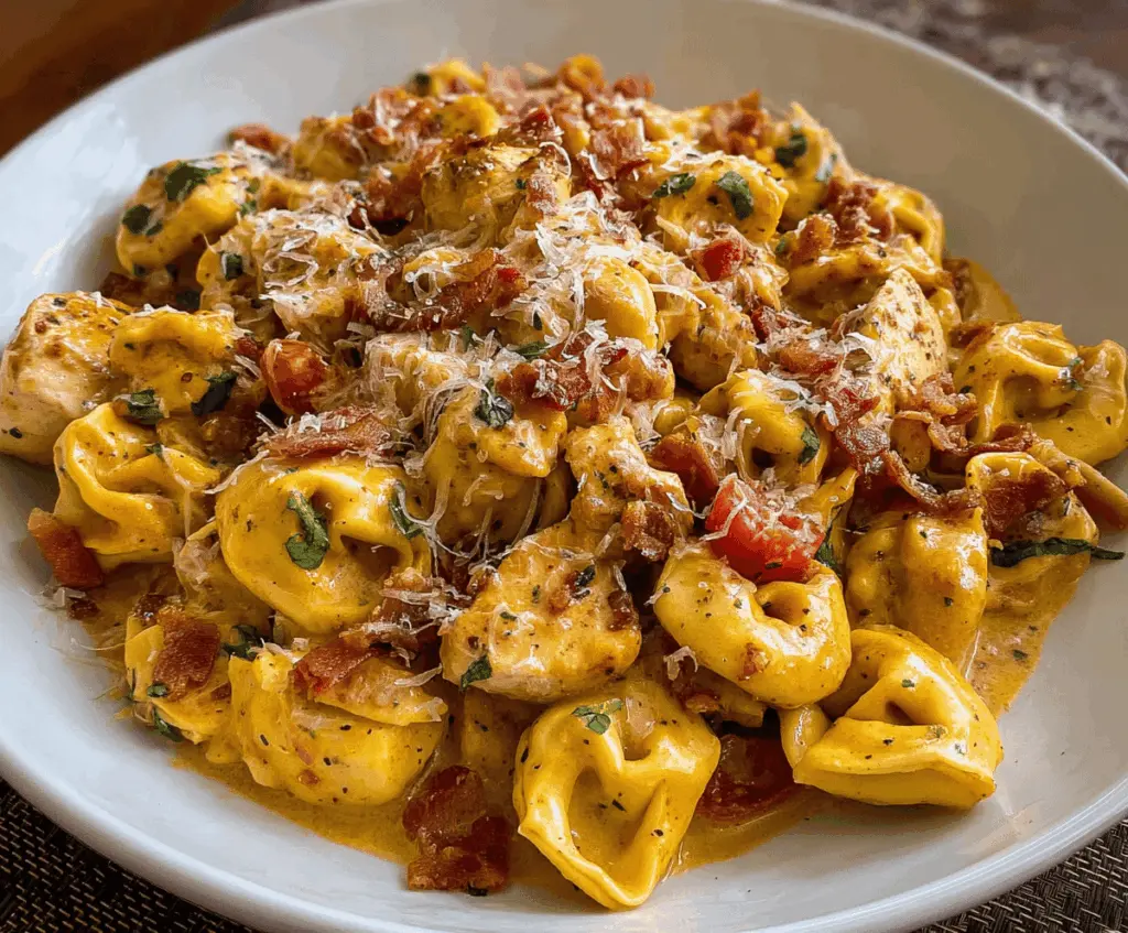 Creamy Marry Me Chicken Tortellini dish featuring tender tortellini pasta topped with savory chicken and herbs, garnished with fresh parsley for a romantic and delicious meal.