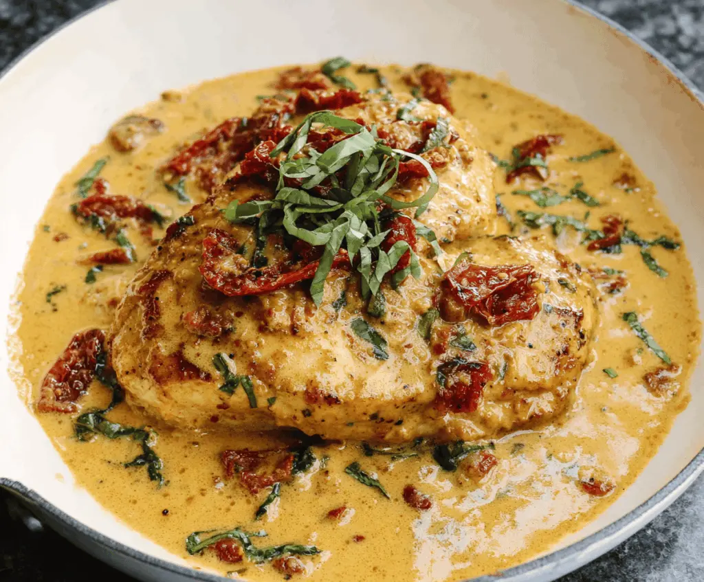 Creamy Marry Me Chicken topped with Sun-Dried Tomato Sauce on a white plate, garnished with fresh herbs for a flavorful, romantic dinner recipe