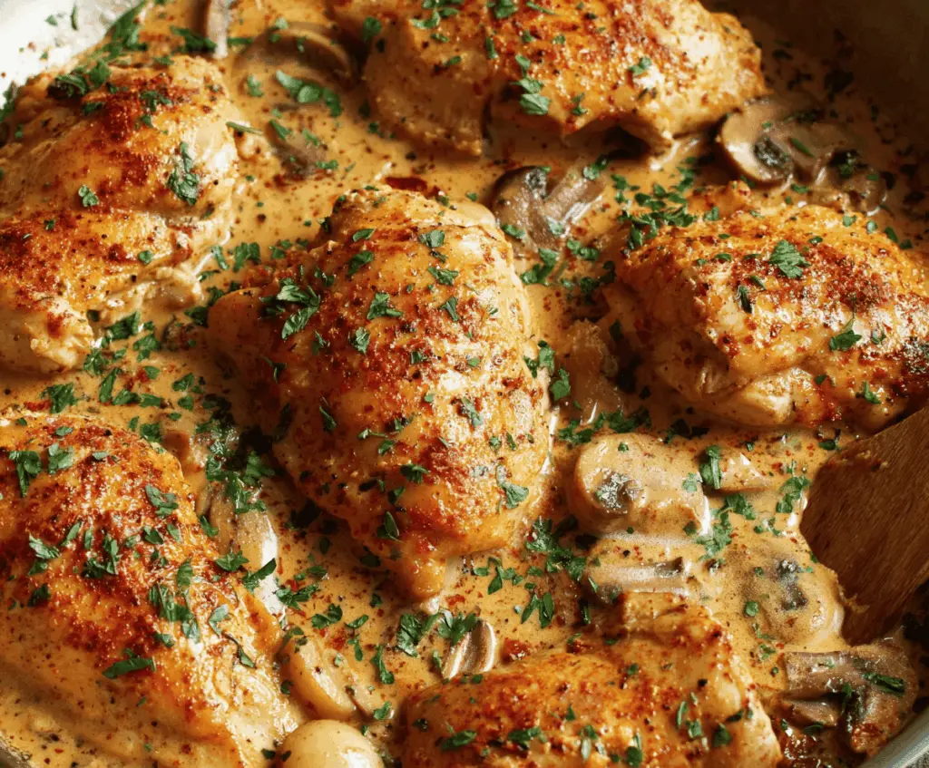 Delicious melt-in-your-mouth chicken skillet with golden-brown crispy edges and tender, juicy meat, garnished with fresh herbs, perfect for a hearty and flavorful meal