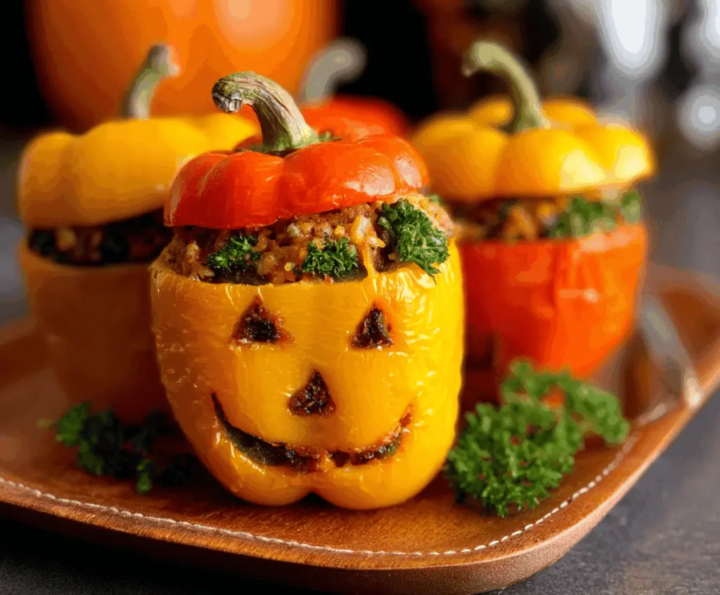 Colorful mini jack-o’-lantern stuffed peppers filled with savory ingredients, perfect for Halloween parties and festive fall celebrations.