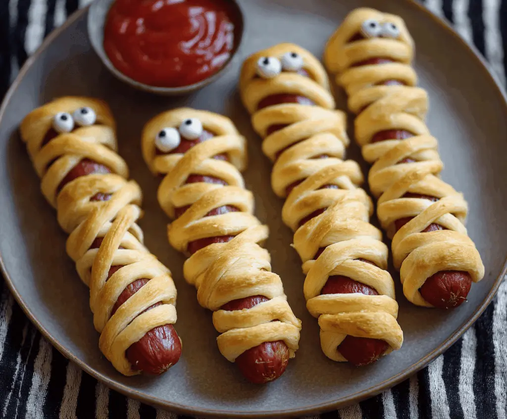 Spooky Mummy Hot Dogs wrapped in crescent dough with olive eyes, perfect for Halloween parties
