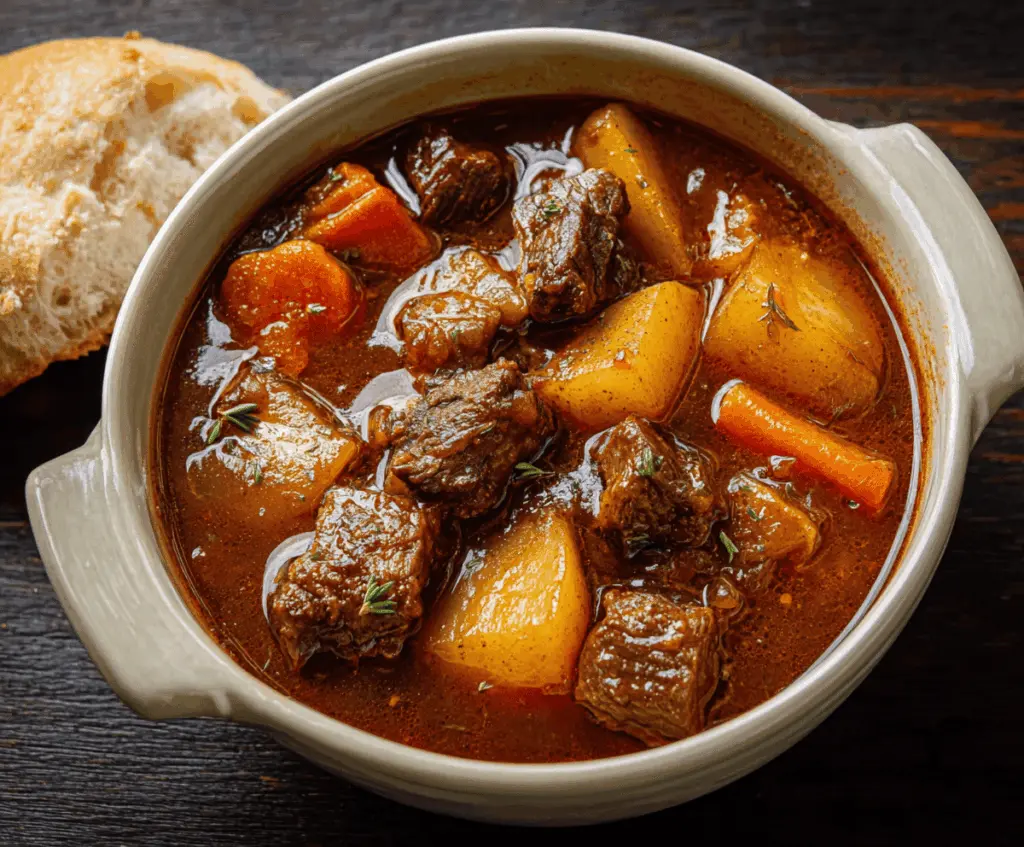 Hearty old fashioned beef stew with tender beef chunks, vegetables, and rich broth served in a rustic bowl.