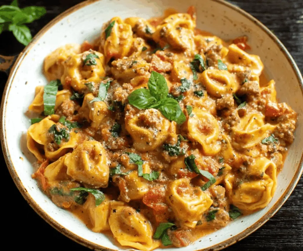 Delicious one-pan tortellini with sausage and fresh herbs in a skillet, ready to serve