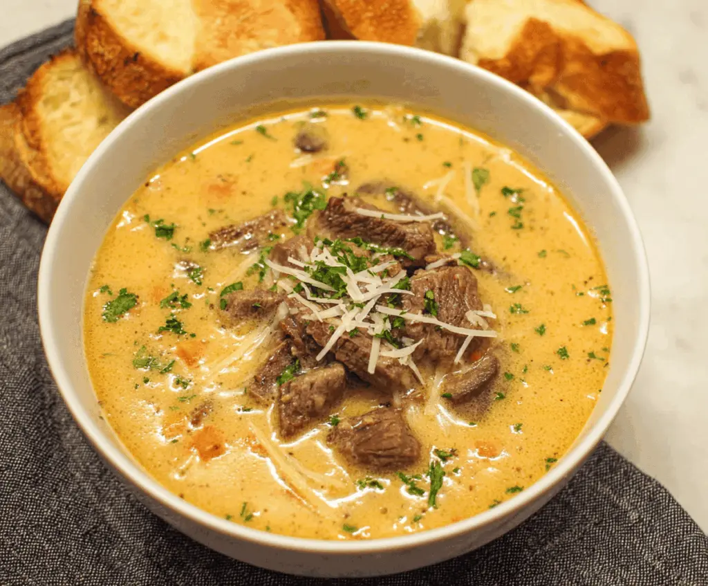 Creamy Philly Cheesesteak Soup with tender sliced steak, melted cheese, and fresh vegetables in a savory broth