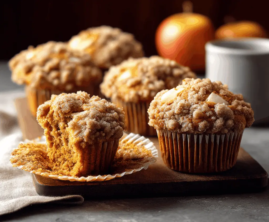 Delicious homemade pumpkin apple streusel muffins topped with crunchy streusel crumbs and fresh apple slices, perfect for breakfast or snacks.