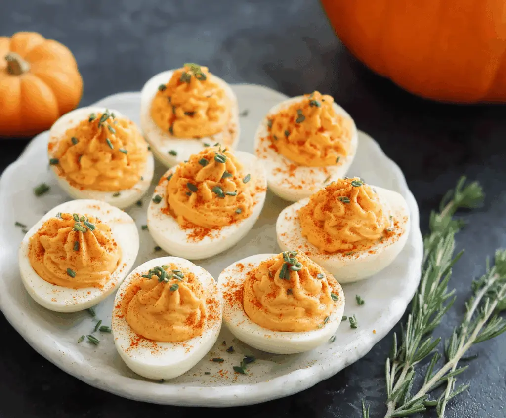 Creamy pumpkin deviled eggs garnished with paprika and fresh herbs, perfect for fall-themed appetizers.