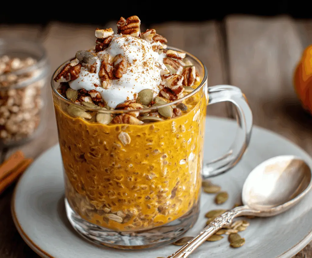Creamy pumpkin overnight oats topped with cinnamon and pumpkin seeds in a glass jar, perfect for a healthy breakfast.