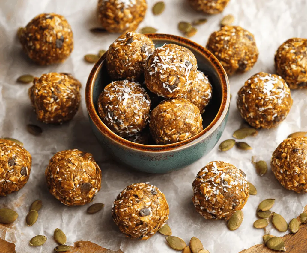 Delicious homemade Pumpkin Spice Energy Bites on a white plate with fall-themed ingredients, perfect for a healthy snack