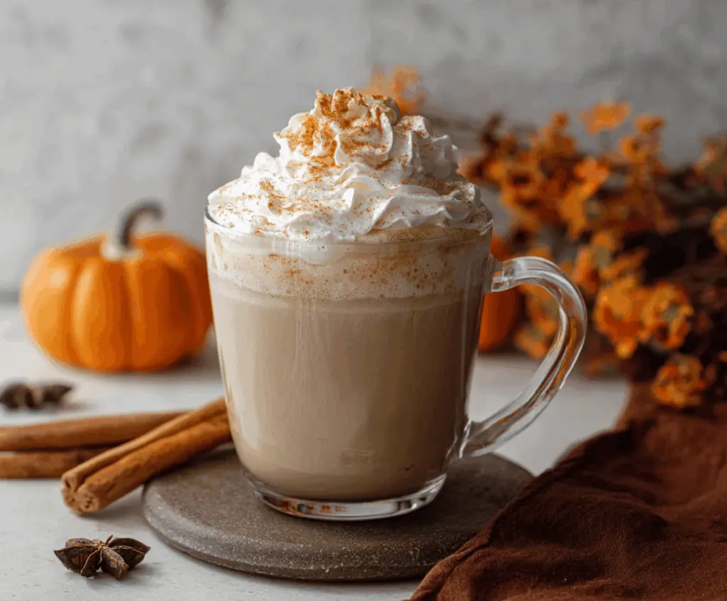 A cozy cup of Pumpkin Spice Latte topped with whipped cream, cinnamon, and nutmeg, perfect for fall comfort and seasonal enjoyment.