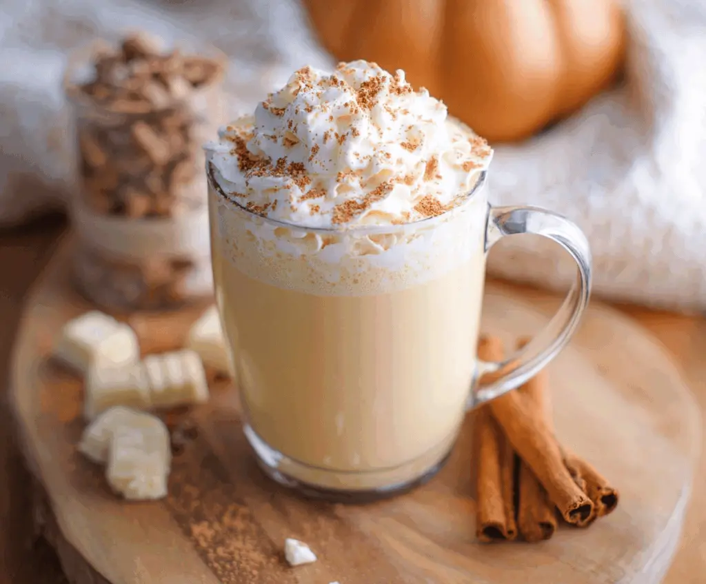 Creamy pumpkin spice white hot chocolate topped with whipped cream and a sprinkle of cinnamon, perfect for cozy fall evenings.