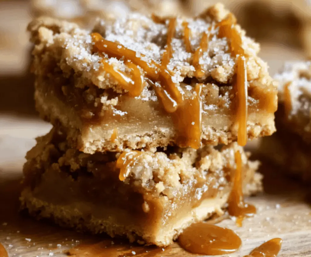 Delicious salted caramel apple bars with a golden crust, caramel drizzle, and fresh apple slices on top, perfect for dessert or snack