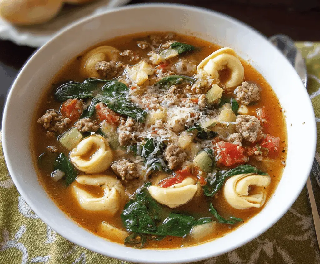 A bowl of warm sausage tortellini soup garnished with fresh herbs, featuring sausage slices, cheese tortellini, and vegetables in a flavorful broth.