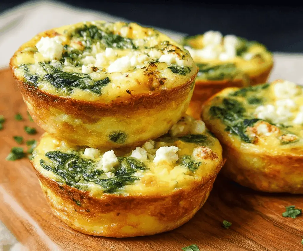 Savory spinach and feta egg muffins in a baking tin ready for breakfast or brunch