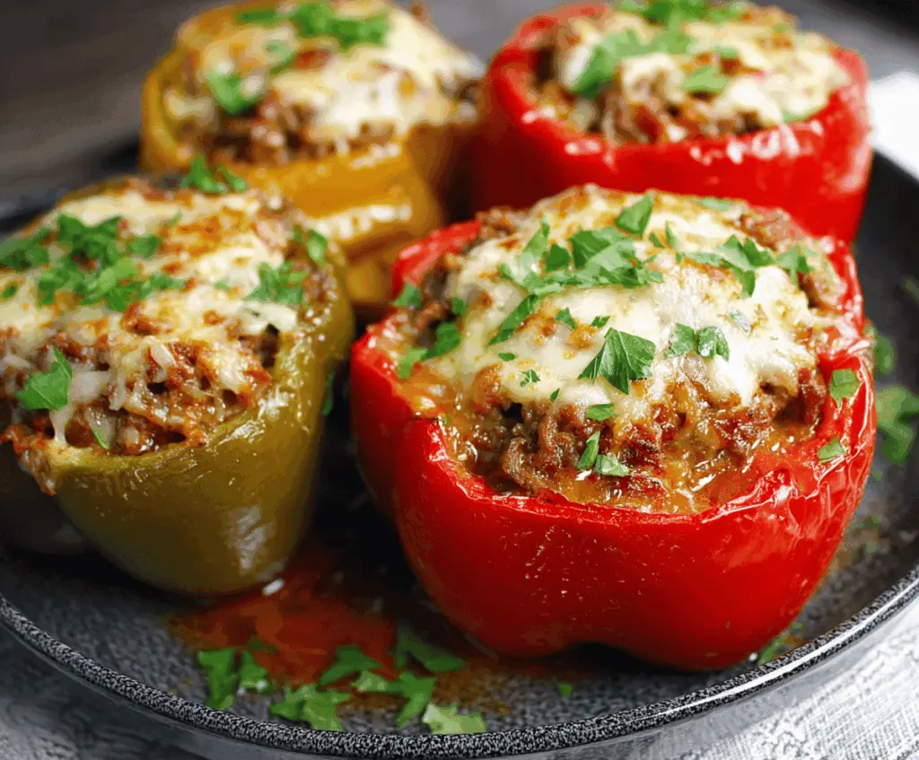 Delicious slow cooker beef stuffed peppers topped with melted cheese and fresh herbs on a plate