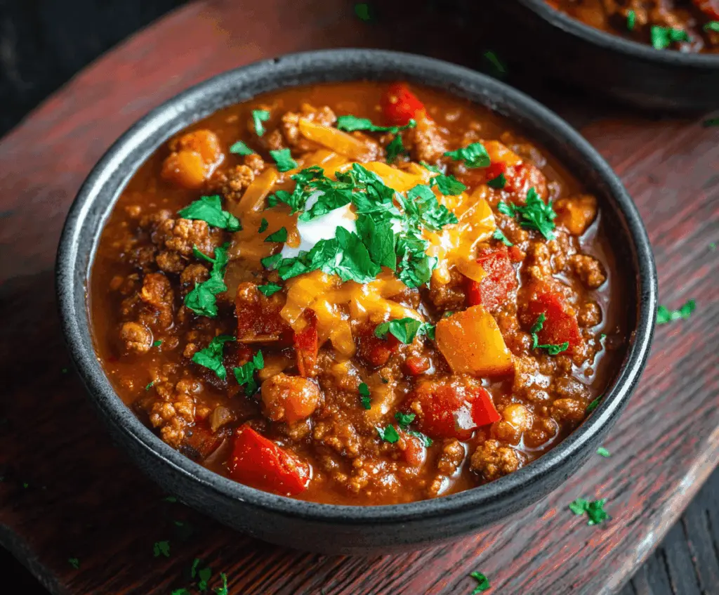 A hearty bowl of smoky chipotle turkey chili topped with chopped cilantro and shredded cheese, served with cornbread on the side.