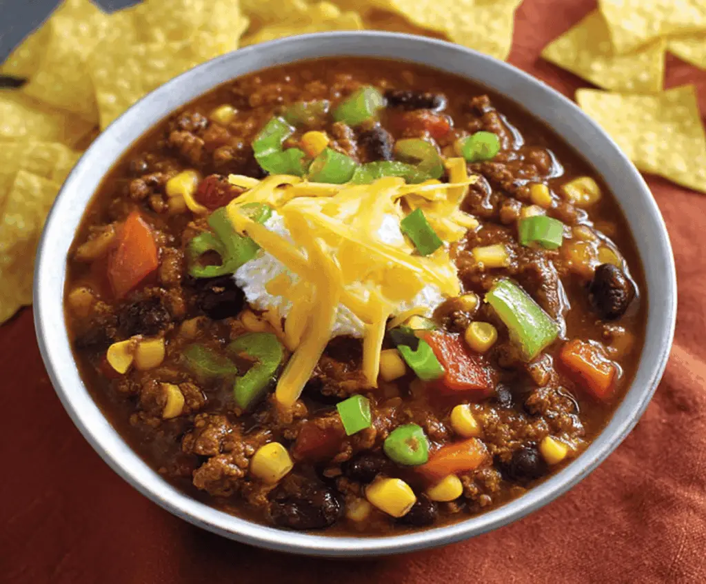 Spicy Southwest Chili featuring corn, colorful bell peppers, and savory spices in a bowl