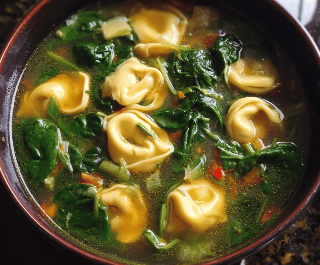A bowl of creamy spinach tortellini soup garnished with fresh herbs and grated cheese, served with crusty bread on the side.