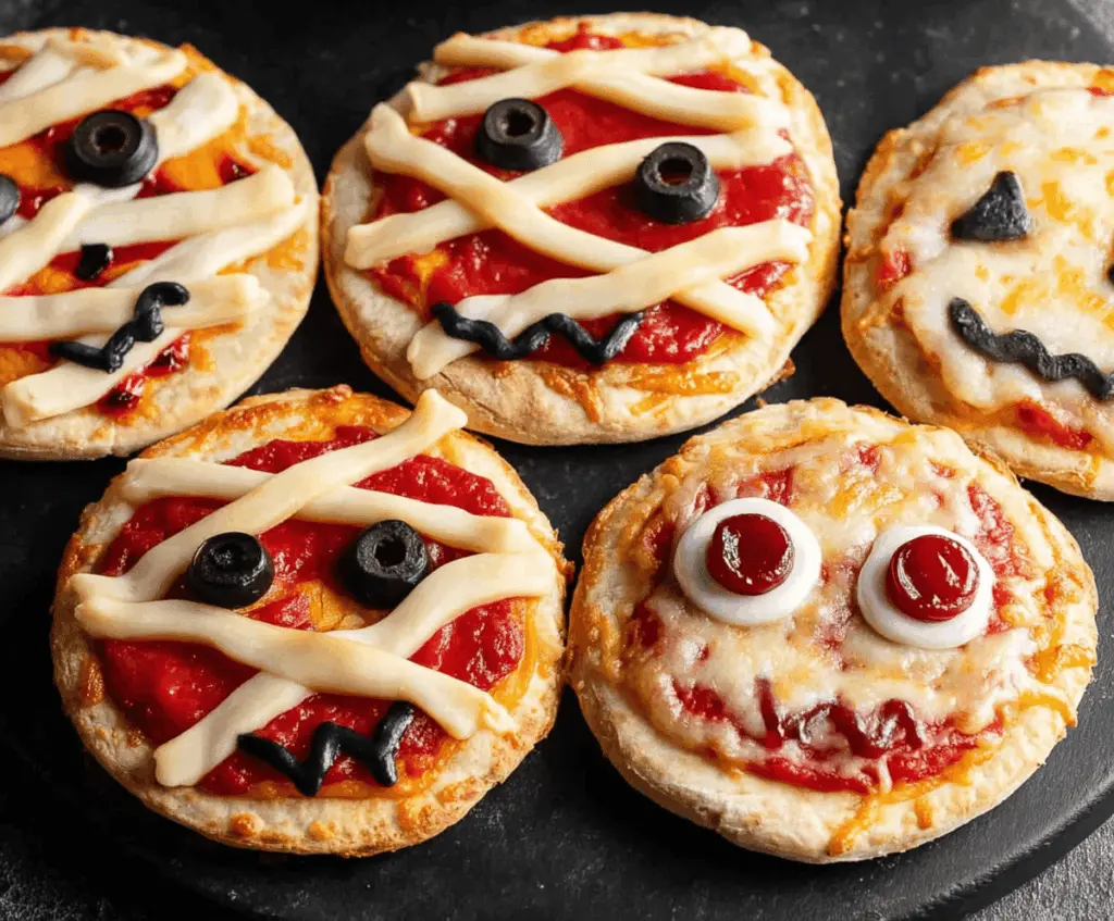 Cute and spooky mini Halloween pizzas topped with colorful vegetables and cheese, perfect for a festive party snack