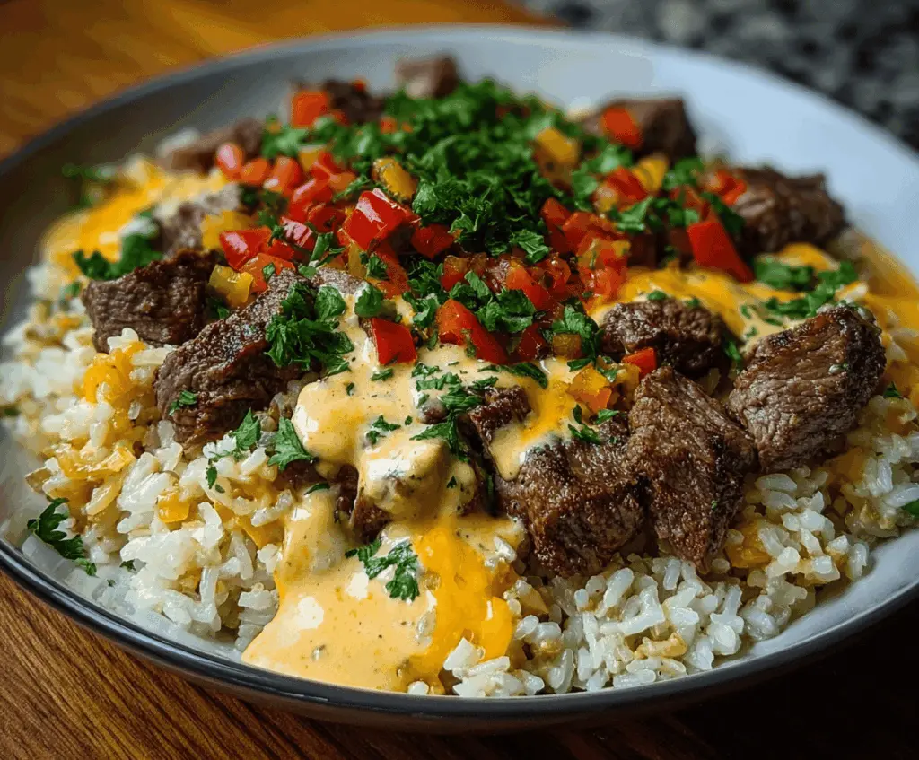 Creamy steak queso rice served in a bowl with tender beef, melted cheese, and flavorful spices for a hearty, cheesy Mexican-inspired meal.