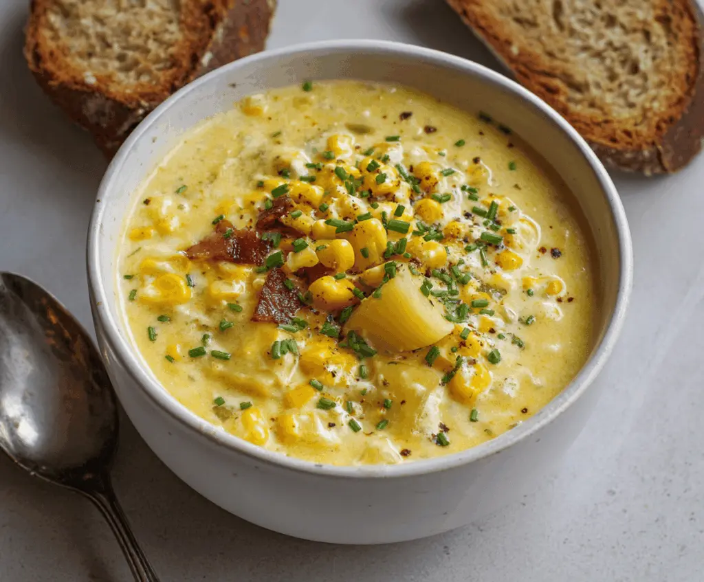 Creamy sweet corn and potato chowder in a bowl topped with fresh herbs, perfect for a hearty comfort meal.