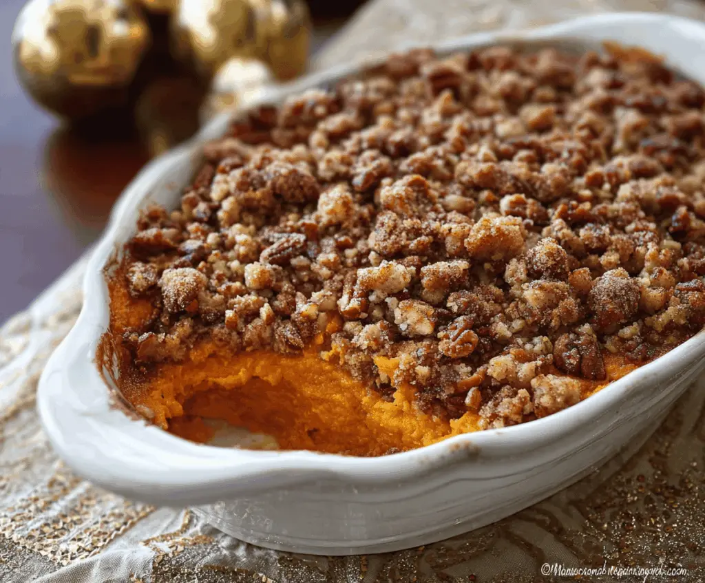 Delicious sweet potato casserole topped with crunchy pecan streusel, perfect for Thanksgiving dinner