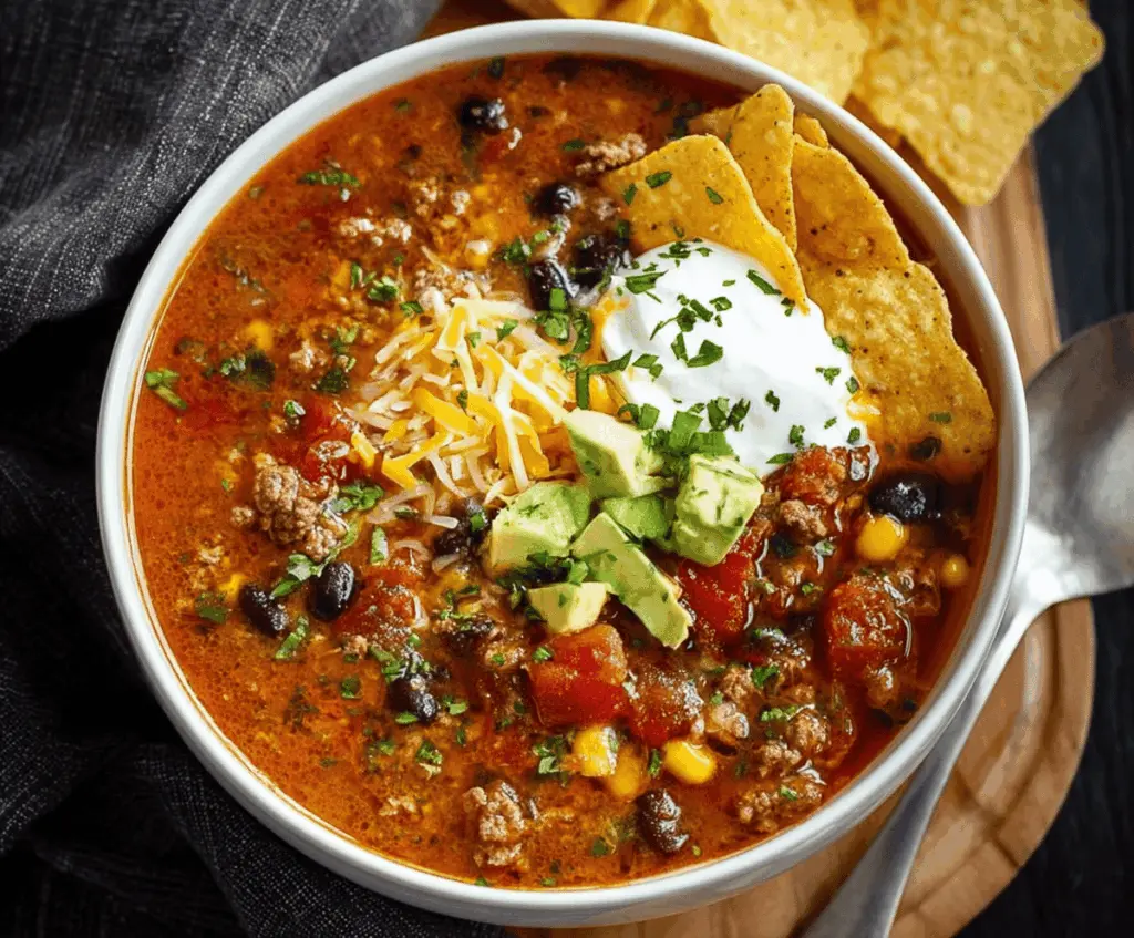Delicious homemade taco soup with ground beef, beans, corn, tomatoes, and seasoned spices served in a bowl