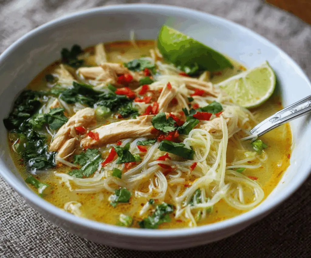 A steaming bowl of Thai chicken noodle soup garnished with fresh herbs, lime, and sliced chili peppers, showcasing tender chicken, rice noodles, and colorful vegetables.