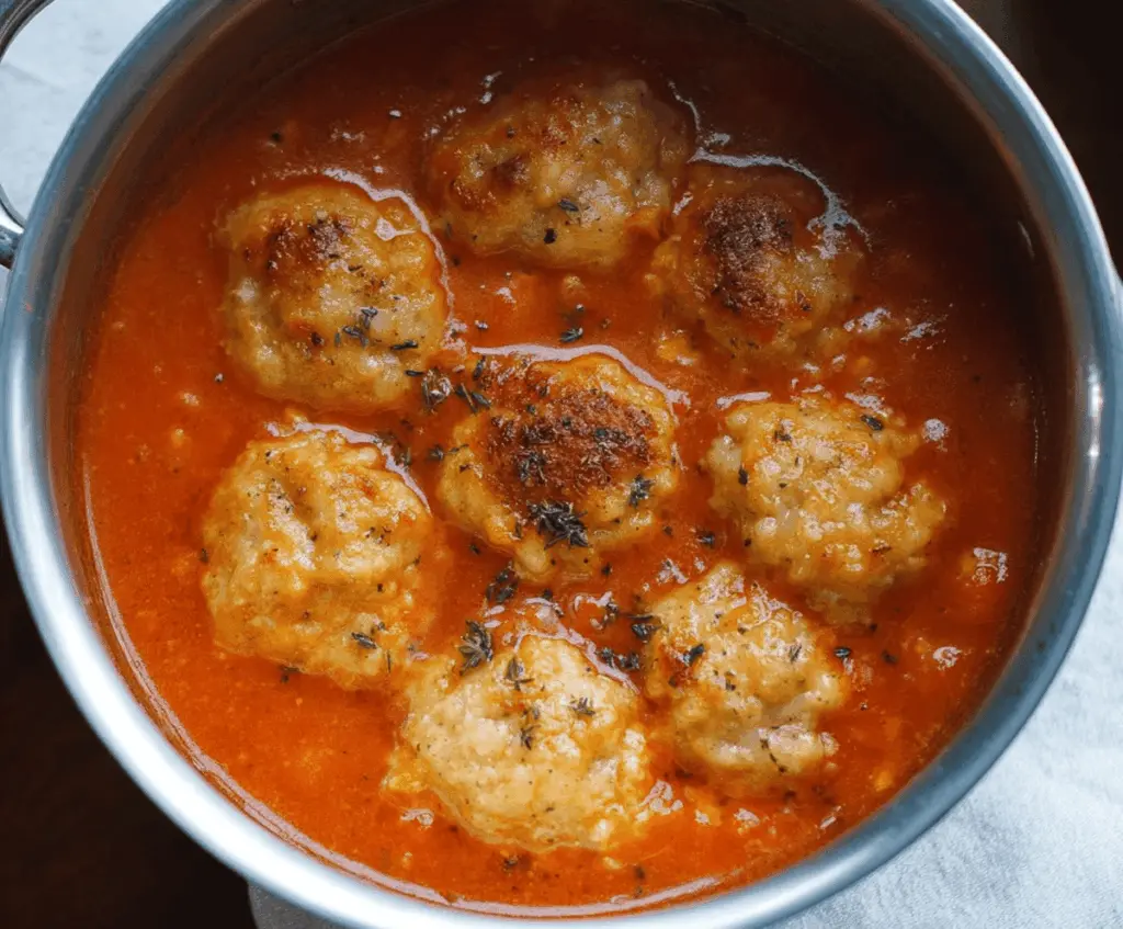 Creamy tomato soup topped with cheesy cheddar bay dumplings, served in a bowl for a comforting and flavorful meal.