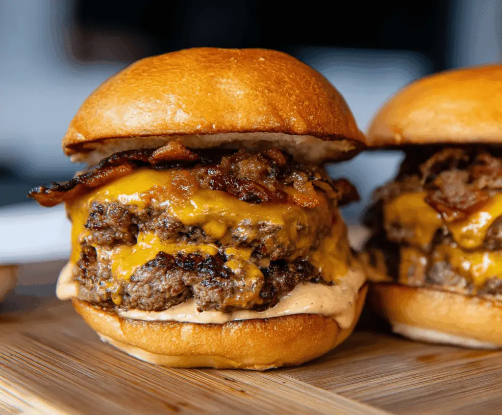 Delicious Ultimate Crack Burgers stacked with melted cheese, crispy bacon, and fresh toppings on toasted buns, ready to serve