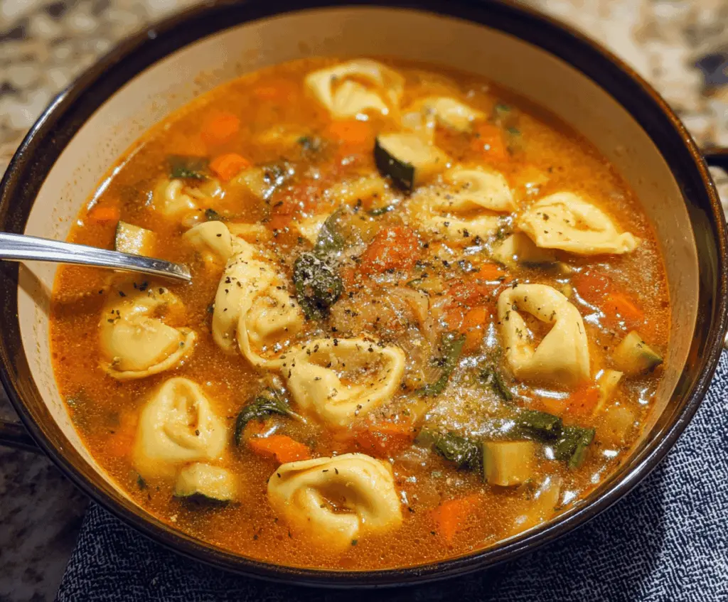 A bowl of hearty vegetable tortellini soup with colorful vegetables and melted cheese tortellini served hot in a white bowl.