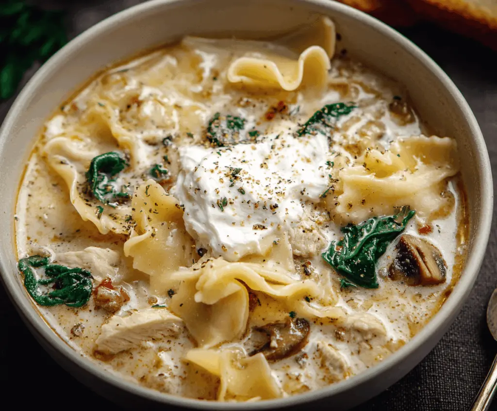 Creamy white lasagna soup with layers of cheese, spinach, and tender pasta served in a bowl, perfect for a comforting meal