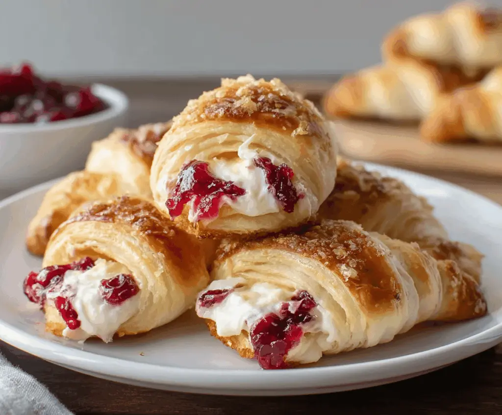 Cream cheese and cranberry-filled crescent bites topped with fresh herbs, perfect for holiday appetizers