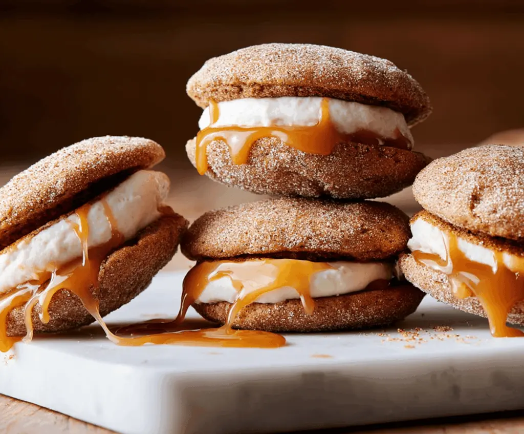 Delicious Apple Cider Whoopie Pie Cookies filled with creamy frosting and drizzled with caramel sauce on a rustic plate