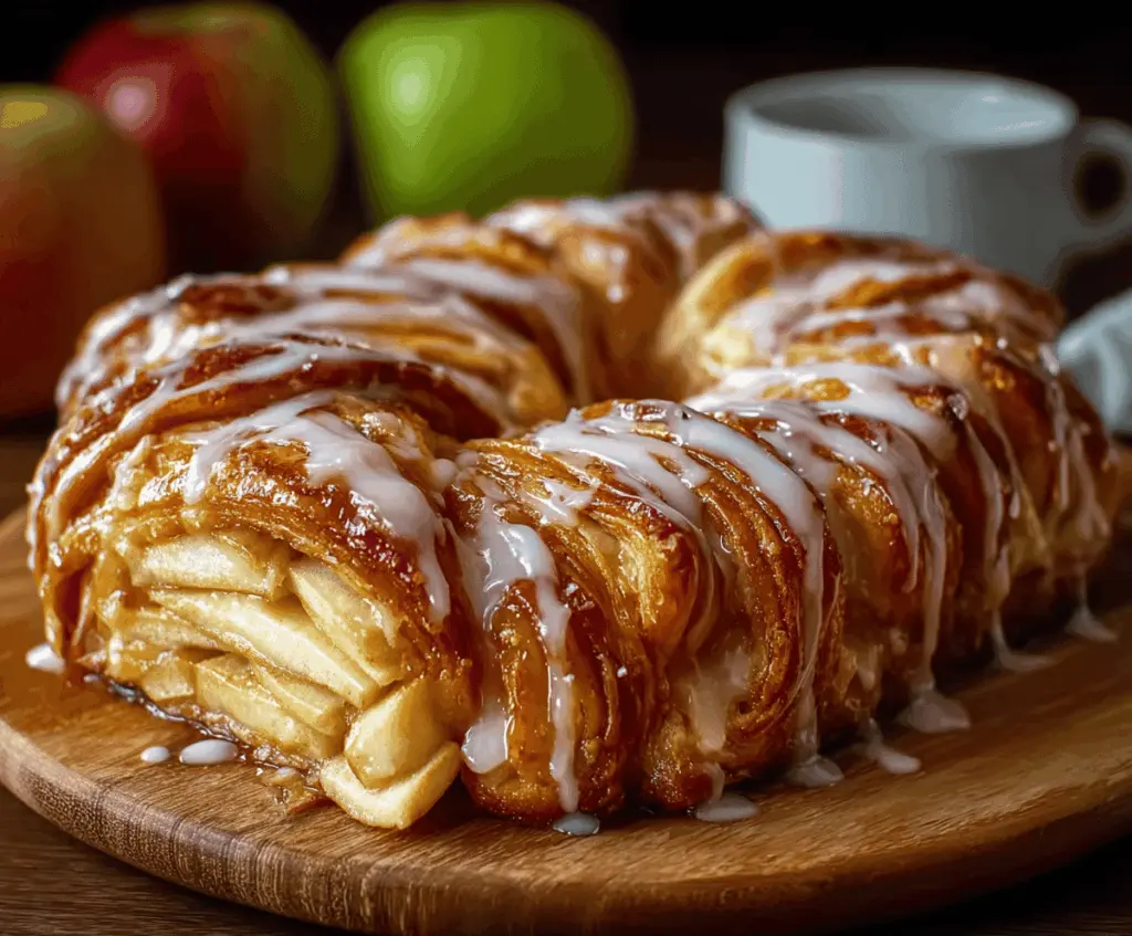 Freshly baked apple kringle topped with vanilla glaze, showcasing flaky pastry filled with spiced apple slices and a glossy vanilla icing on top.