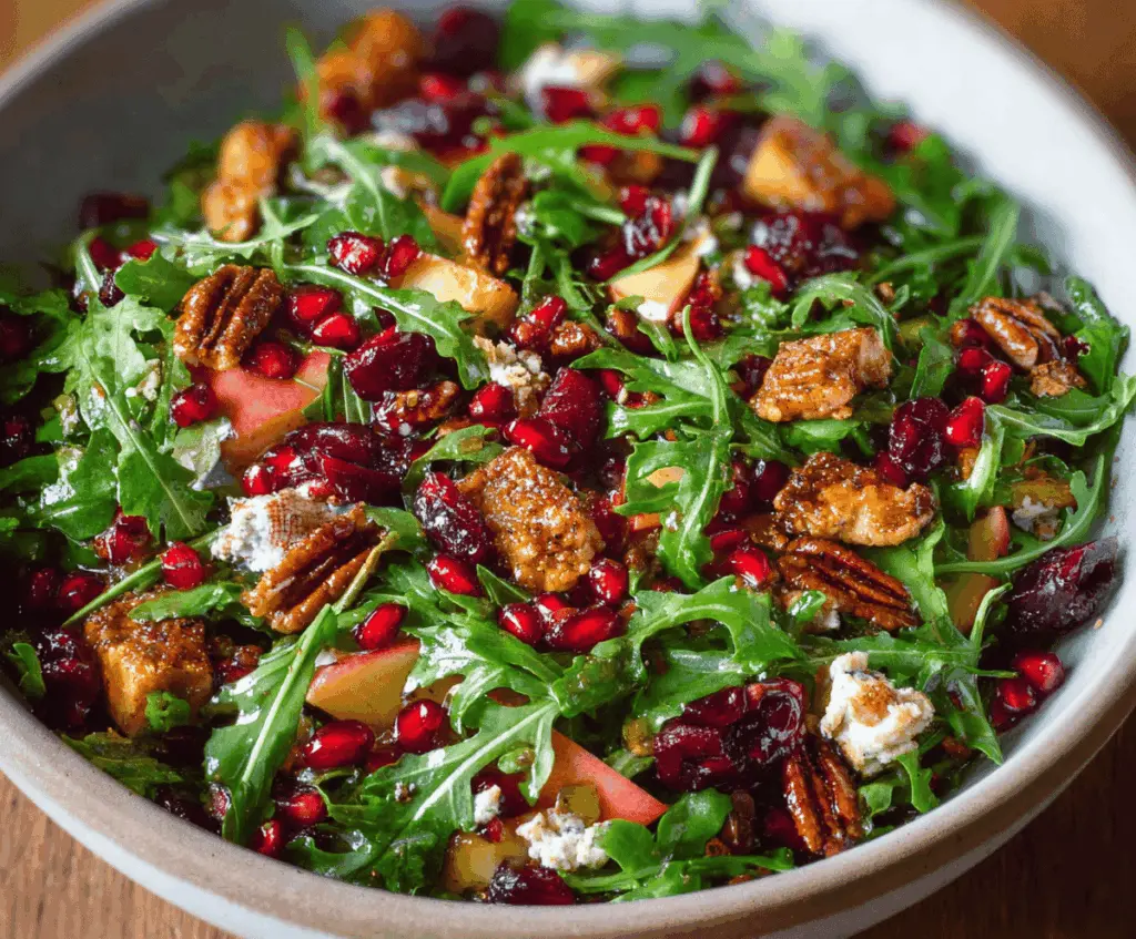 Fresh arugula salad with cranberries and walnuts, perfect for Thanksgiving dinner