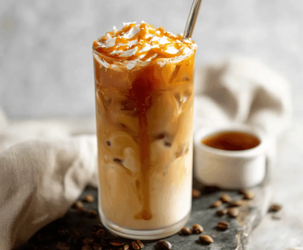 Cold glass of caramel iced coffee topped with whipped cream and caramel drizzle, perfect for a refreshing summer beverage.