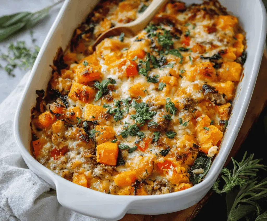 Creamy cheesy butternut squash casserole in a baking dish, topped with melted cheese and fresh herbs, perfect for an easy and cozy fall meal