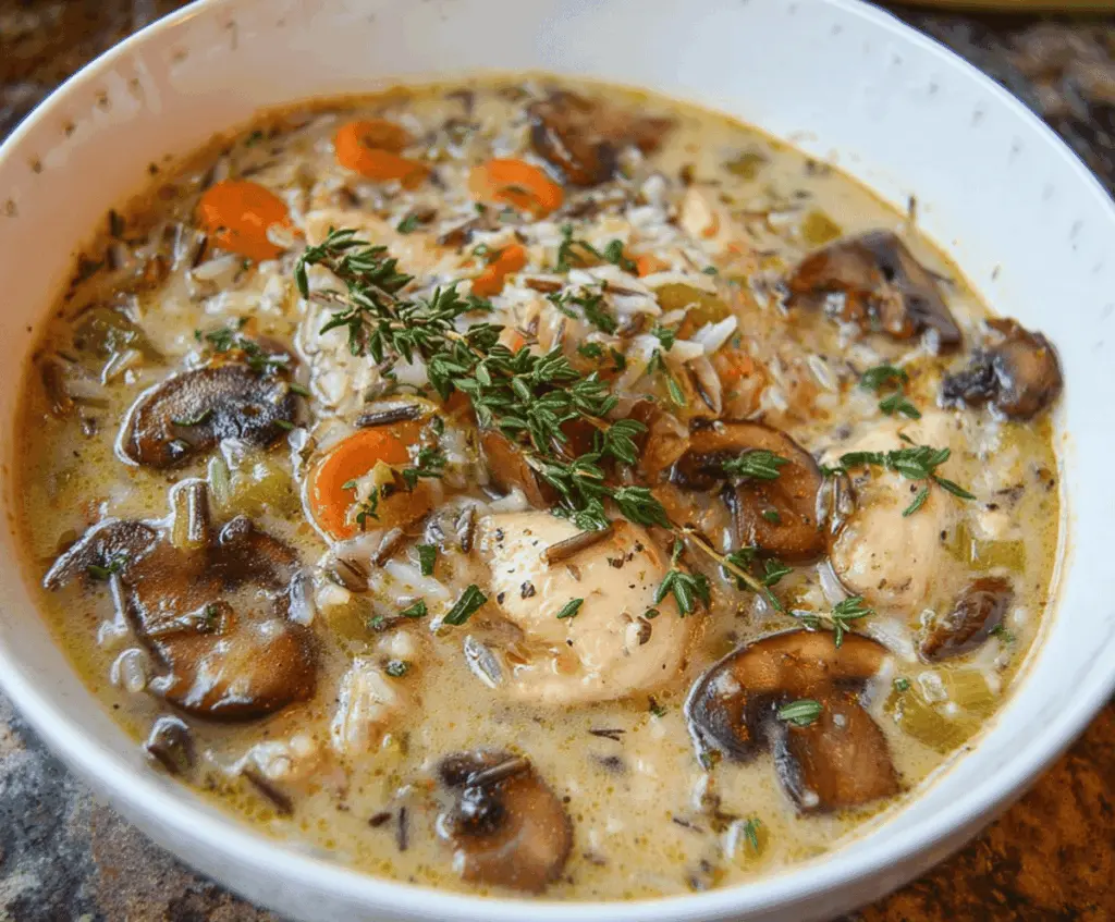 Creamy chicken mushroom wild rice soup in a bowl with fresh herbs, showcasing hearty ingredients and a comforting presentation.